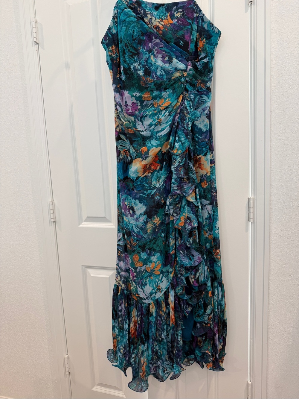 Xscape Teal Multi-Color Floral Ruffle Maxi Dress